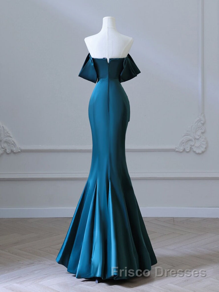 Simple Off Shoulder Satin Ink Blue Long Formal Prom Dresses, Ink Blue Long Formal Dresses