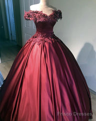 3D Flowers Off Shoulder Ball Gown Satin Dresses