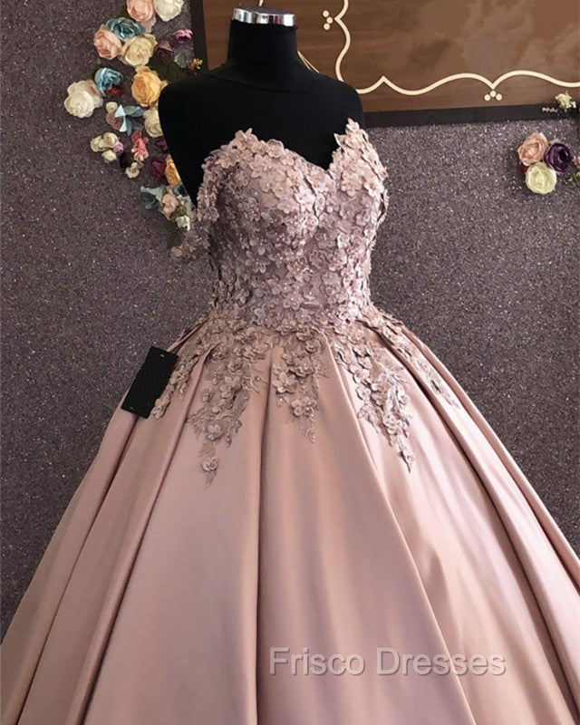 3D Lace Flowers Embroidery Sweetheart Satin Wedding Dress Ballgown