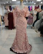 3D Lace Flowers Mermaid V Neck Puffy Sleeves Dresses