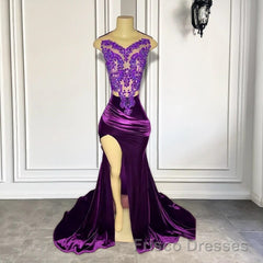 Purple Sleeveless Mermaid Formal Prom Dresses with Split Appliques