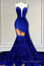 V-Neck Sequins Formal Prom Dresses Mermaid Sleeveless Crystal.