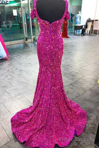 4 Fuchsia Sequin Formal Dresses Cold-Shoulder Mermaid Prom Dress Long