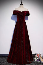 Burgundy Velvet Long Prom Dresses, Off the Shoulder Evening Dresses