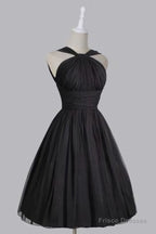 Vintage A Line Straps Knee Length Chiffon Sash Backless Black Party Homecoming Dresses
