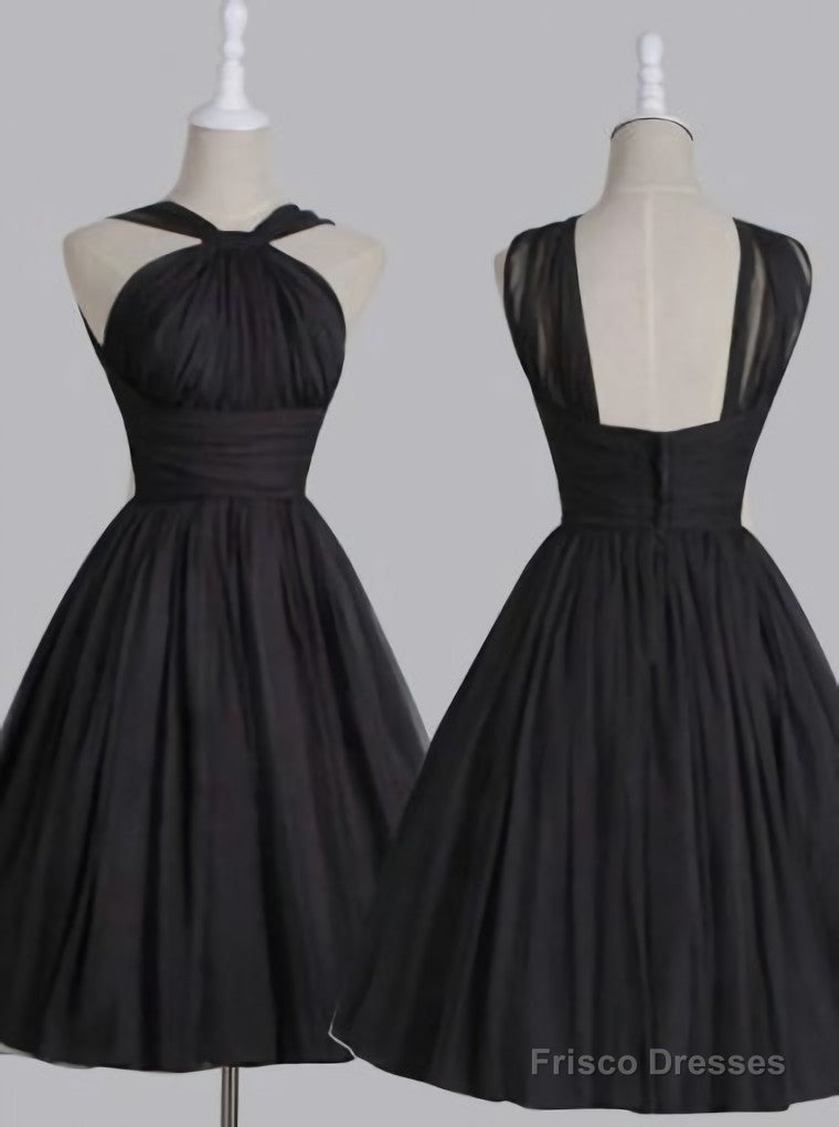 Vintage A Line Straps Knee Length Chiffon Sash Backless Black Party Homecoming Dresses Main image