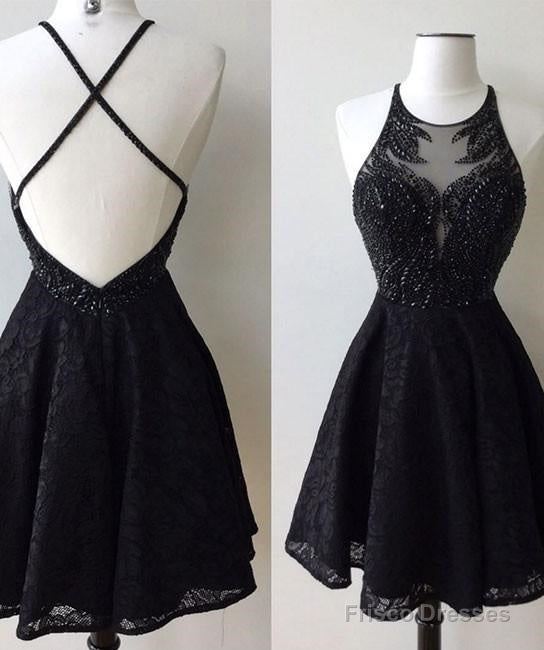 A-Line Jewel Backless Short Black Lace Homecoming Dress 2025 with Beading Main image