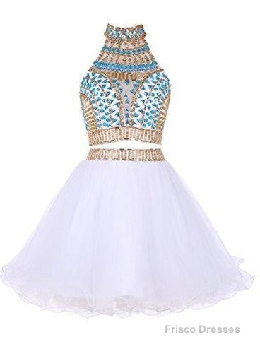 Two Piece High Neck White Tulle Short Homecoming Dress 2025 with Beading Rhinestone