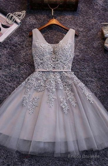 Princess/A-Line V-Neck Appliques Gray Tulle Homecoming/Prom Dresses Main image