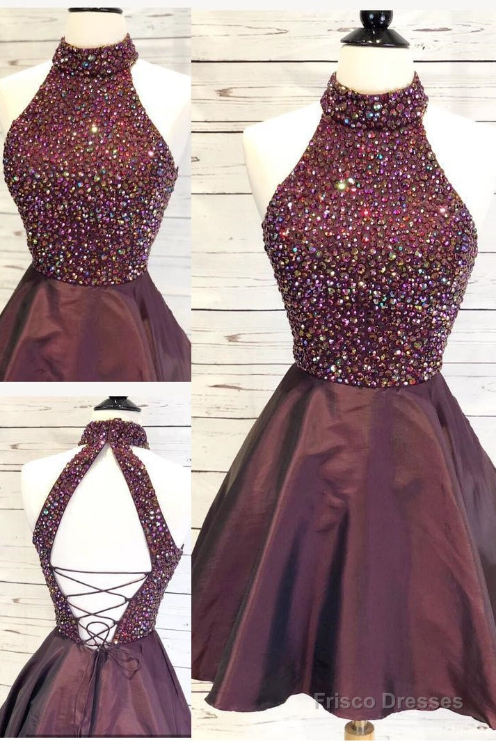 High Neck Short Sparkle Burgundy Homecoming Dress Main image