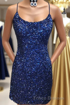 Lace-Up Navy Blue Tight Mini Party Dress