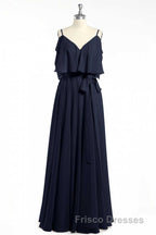 Black Chiffon V-Neck Ruffled A-Line Long Bridesmaid Dress