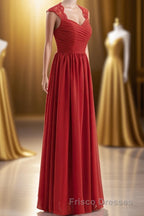 Elegant Red Chiffon Pleated A-line Long Bridesmaid Dress