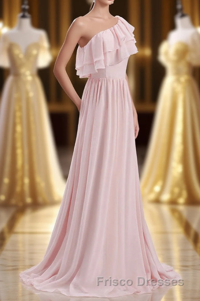 Ruffles Pink One Shoulder Chiffon A-line Long Bridesmaid Dress Main image