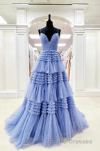 Elegant Light Blue Side Slit Tulle Long Formal Prom Dress