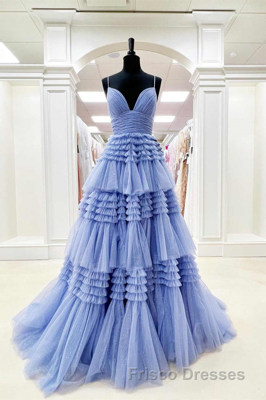 Elegant Light Blue Side Slit Tulle Long Formal Prom Dress