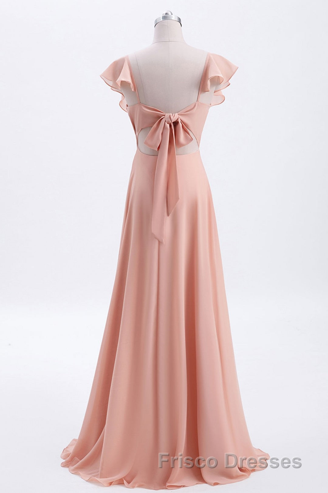 Peach Ruffles A-lline Chiffon Long Bridesmaid Dress with Tie Back Secondary image