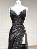 Dark Blue V Neck Satin Lace Long Formal Prom Dress, Dark Blue Lace Long Evening Dress