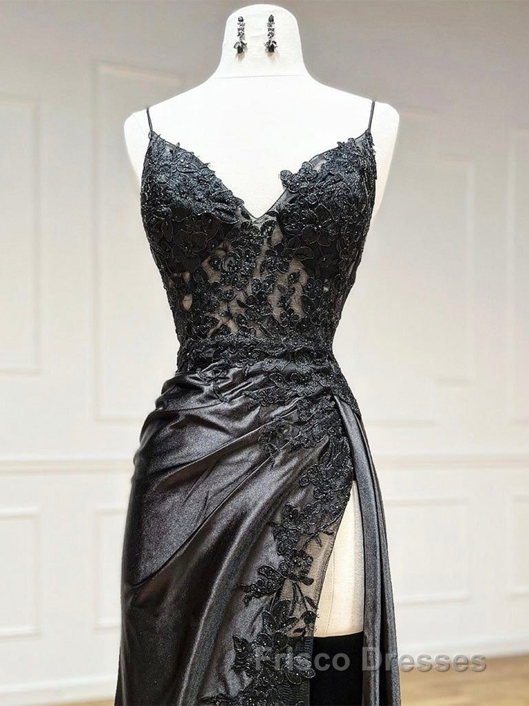 Dark Blue V Neck Satin Lace Long Formal Prom Dress, Dark Blue Lace Long Evening Dress