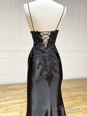Dark Blue V Neck Satin Lace Long Formal Prom Dress, Dark Blue Lace Long Evening Dress