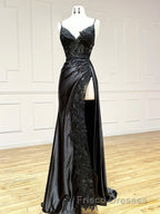 Dark Blue V Neck Satin Lace Long Formal Prom Dress, Dark Blue Lace Long Evening Dress