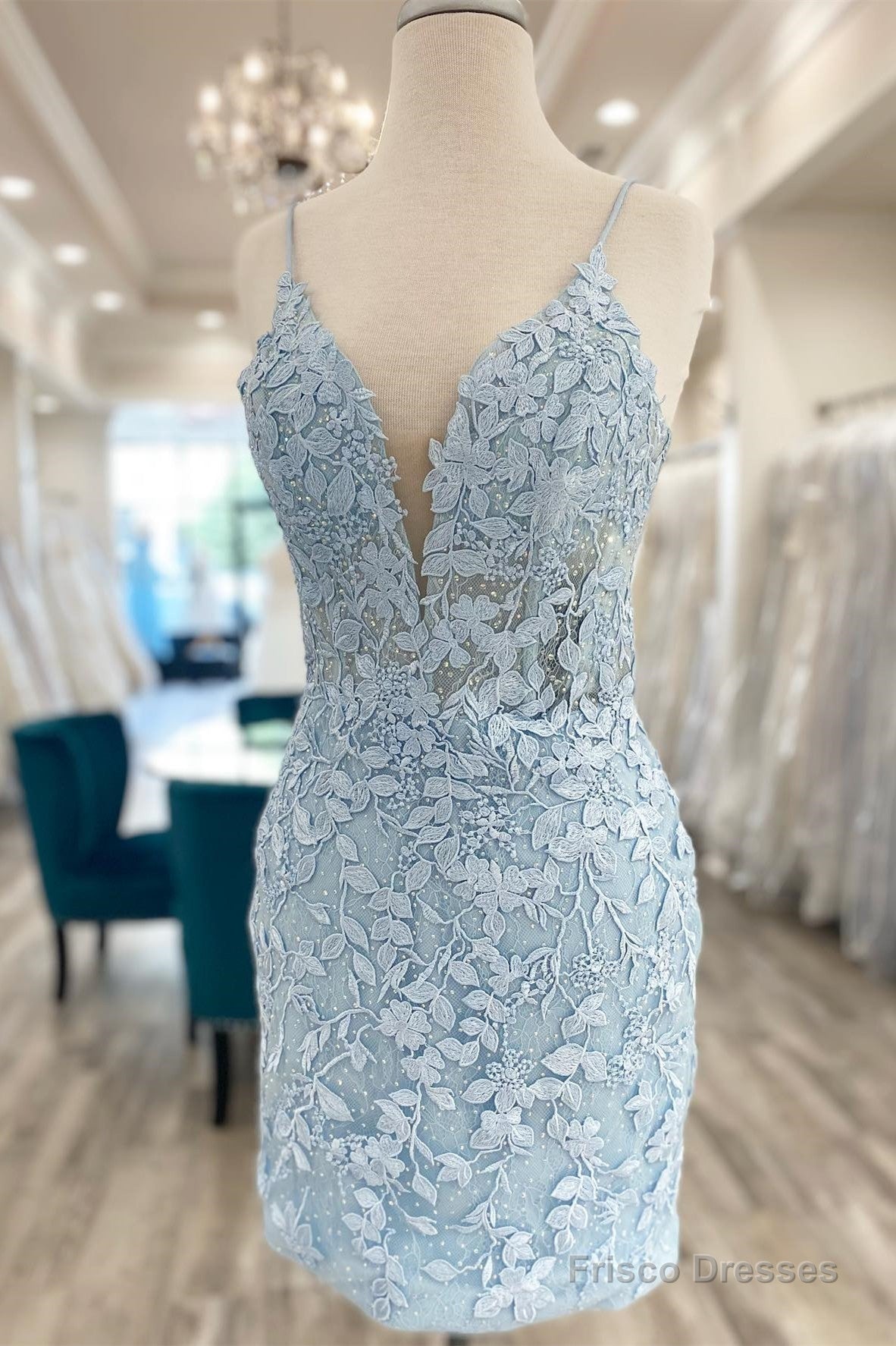 Light Blue Appliques Plunge V Short Homecoming Dress Main image