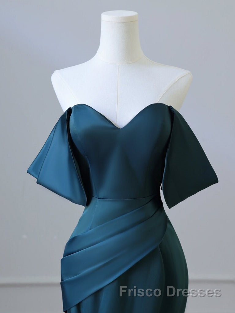 Simple Off Shoulder Satin Ink Blue Long Formal Prom Dresses, Ink Blue Long Formal Dresses