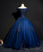 Blue Tulle Lace Off Shoulder Long Formal Prom Dress, Blue Tulle Lace Evening Dress