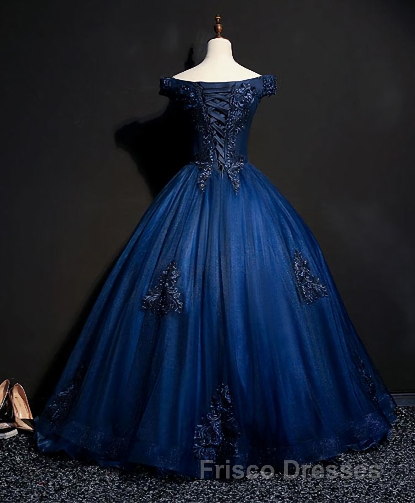 Blue Tulle Lace Off Shoulder Long Formal Prom Dress, Blue Tulle Lace Evening Dress