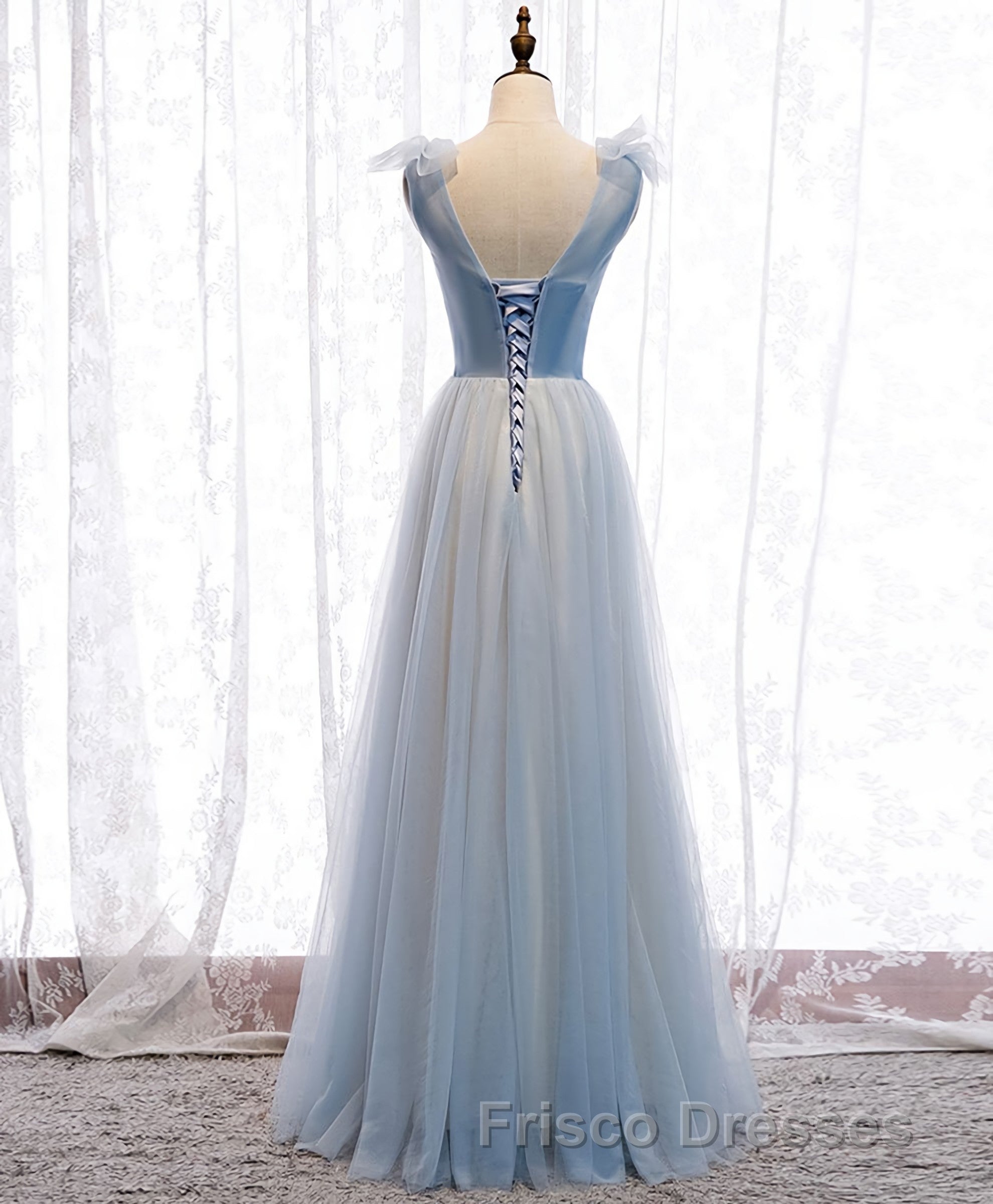 Simple Blue V Neck Tulle Long Formal Prom Dress, Blue Formal Prom Dress Secondary image