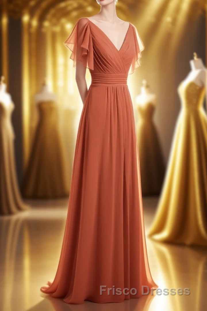 Rust Orange Cold-Shoulder A-Line Long Bridesmaid Dress