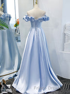 Blue A Line Off Shoulder Long Formal Prom Dress, Blue Evening Dress