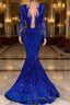 Hot Sparkle Royal Blue Sequin Long sleeves Mermaid Formal Prom Dress