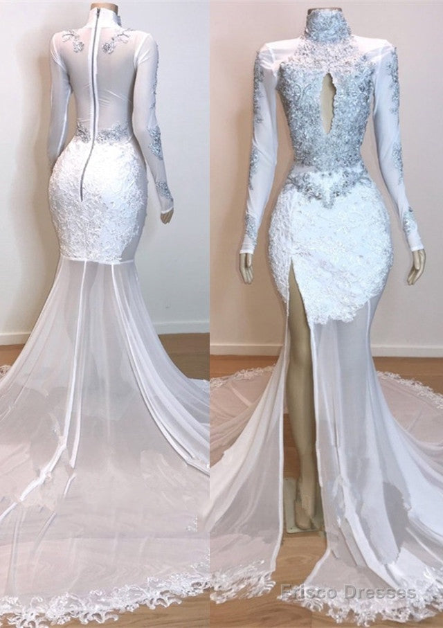 2025 White Long Sleeve High Neck Lace and Tulle Side Slit Mermaid Prom Dresses