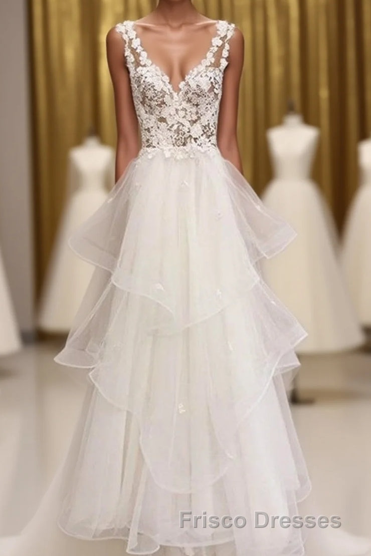 Charming Tulle Appliques V Neck Lace Wedding Dress with Ruffles Main image