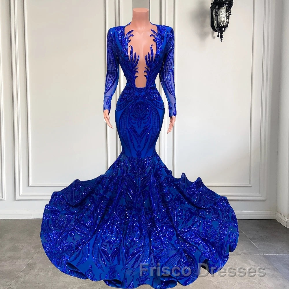 Hot Sparkle Royal Blue Sequin Long sleeves Mermaid Formal Prom Dress Secondary image