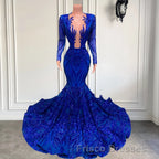 Hot Sparkle Royal Blue Sequin Long sleeves Mermaid Formal Prom Dress