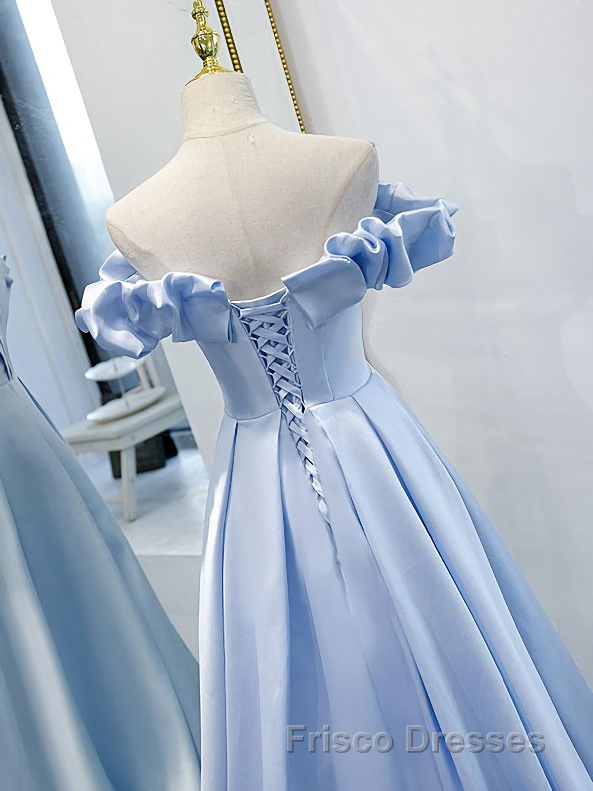 Blue A Line Off Shoulder Long Formal Prom Dress, Blue Evening Dress