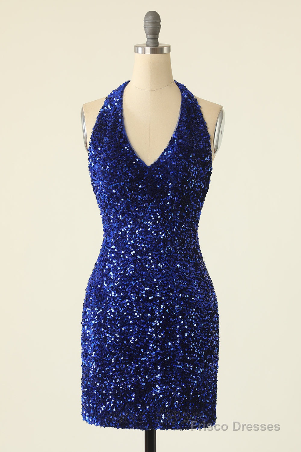 Royal Blue Sequin Halter Open Back Short Homecoming Dress Main image