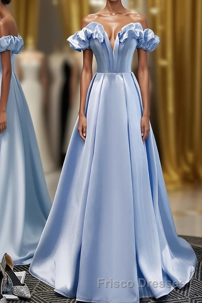 Blue A Line Off Shoulder Long Formal Prom Dress, Blue Evening Dress