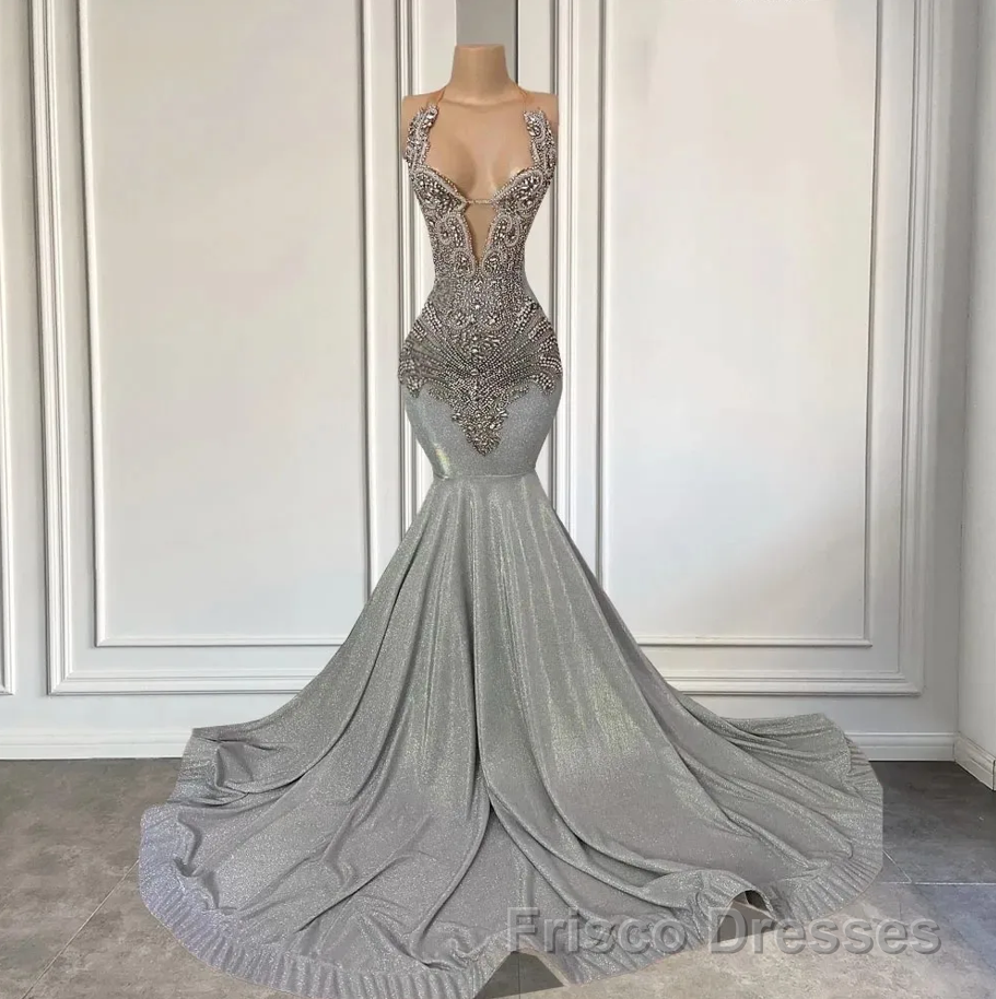 Silver Halter Mermaid Formal Prom Dresses with Beadings