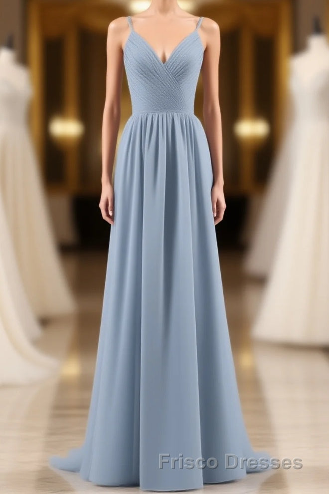 Dusty Blue Chiffon Cutout Back A-Line Long Bridesmaid Dress