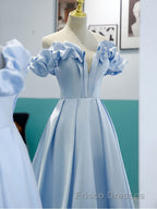 Blue A Line Off Shoulder Long Formal Prom Dress, Blue Evening Dress