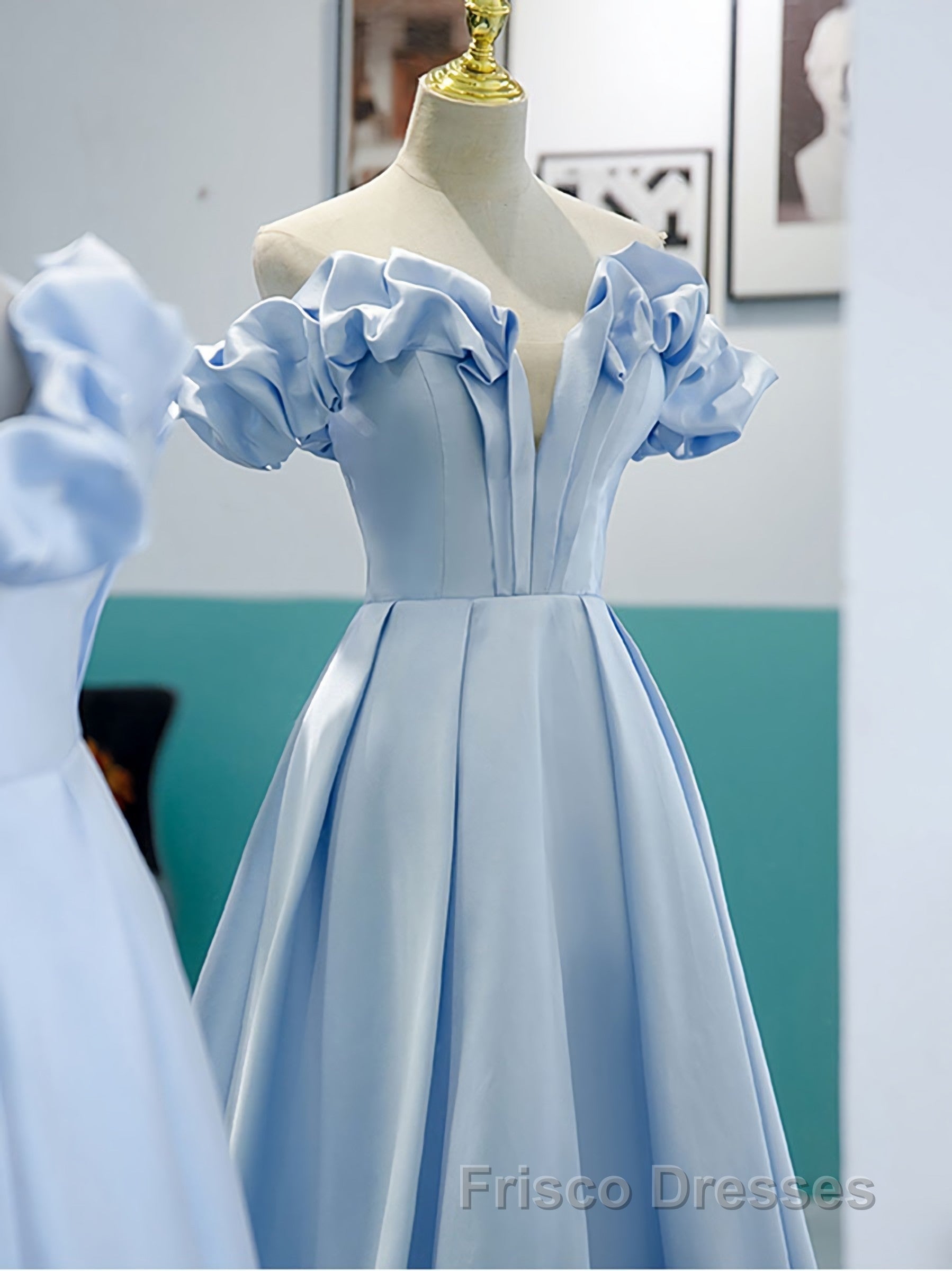 Blue A Line Off Shoulder Long Formal Prom Dress, Blue Evening Dress