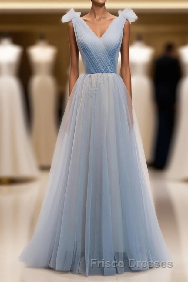 Simple Blue V Neck Tulle Long Formal Prom Dress, Blue Formal Prom Dress Main image