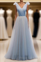 Simple Blue V Neck Tulle Long Formal Prom Dress, Blue Formal Prom Dress