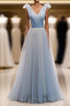Simple Blue V Neck Tulle Long Formal Prom Dress, Blue Formal Prom Dress