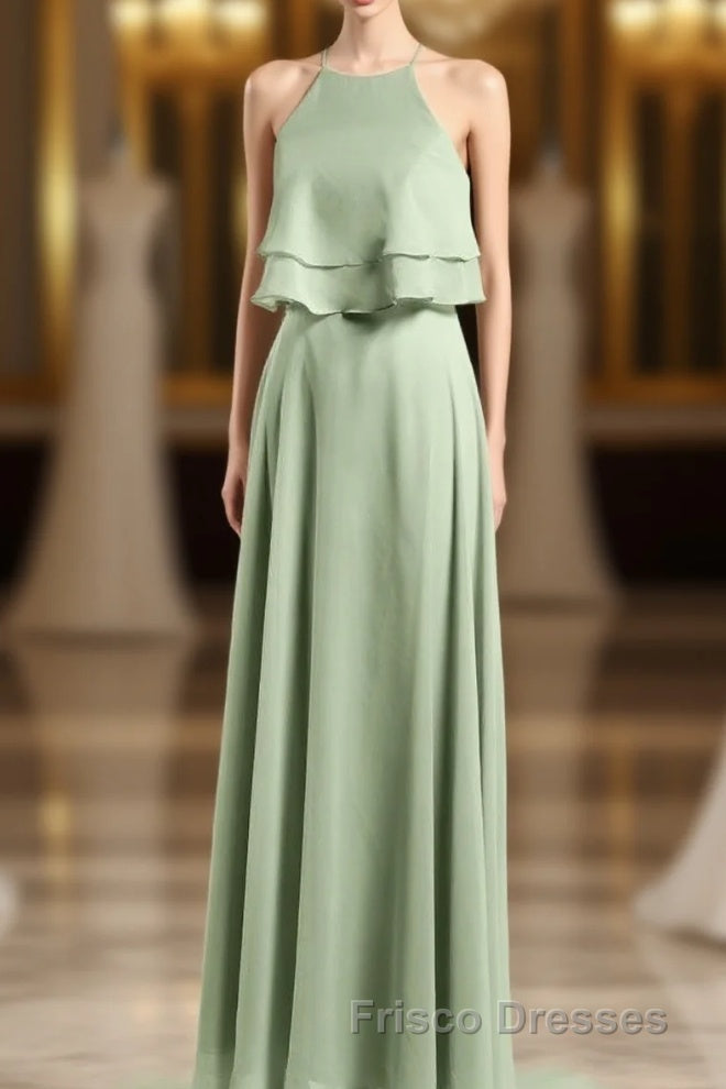 Sage Green Chiffon Halter Ruffle A-Line Long Bridesmaid Dress Main image