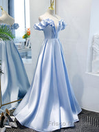 Blue A Line Off Shoulder Long Formal Prom Dress, Blue Evening Dress