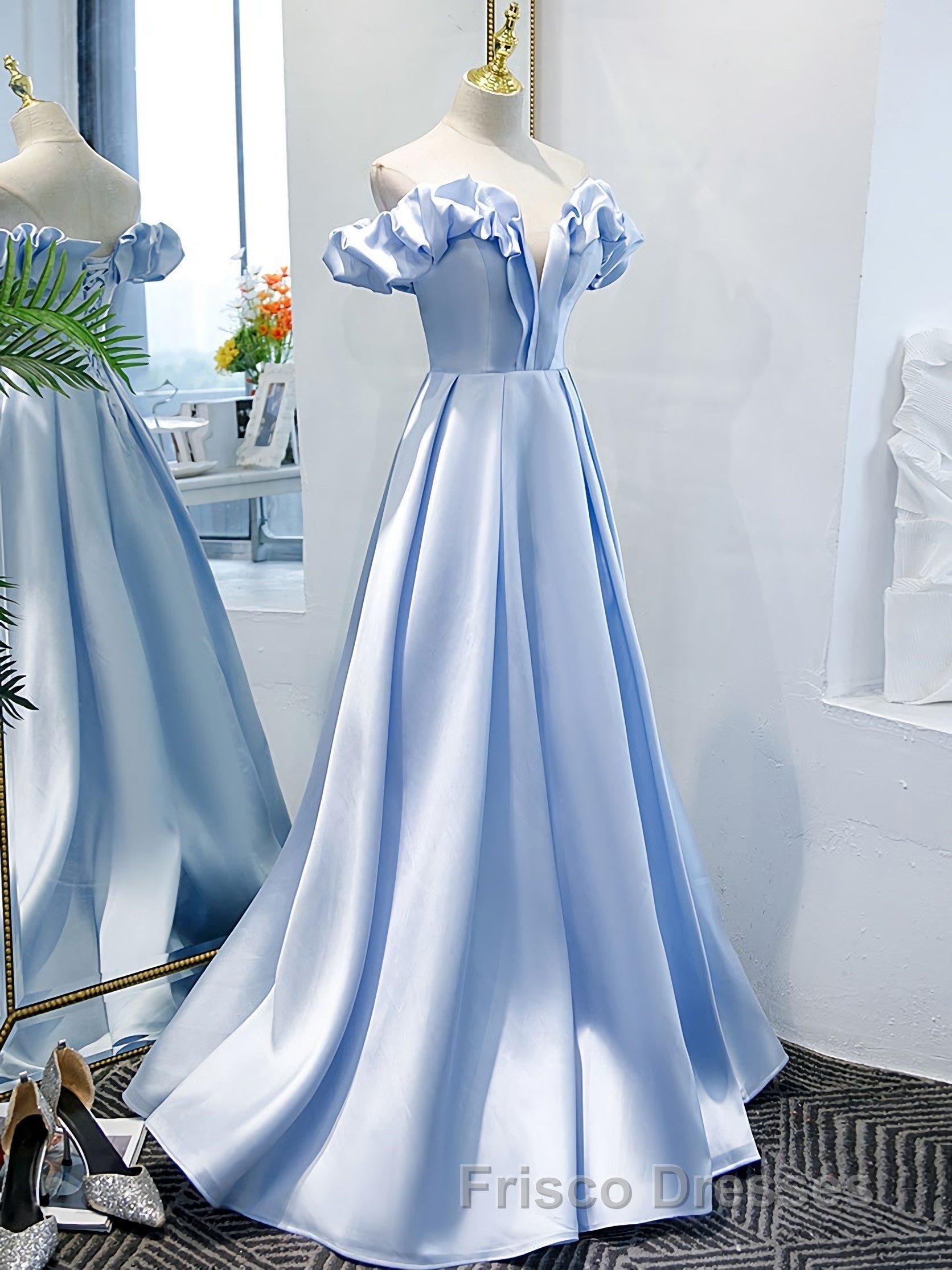 Blue A Line Off Shoulder Long Formal Prom Dress, Blue Evening Dress